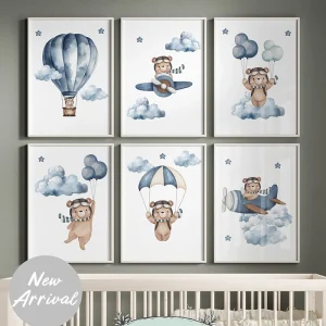 Cute Teddy Bear Travelling Balloon Wall Art