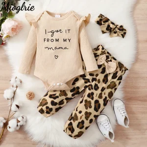 3PCS Baby Girl Set Top, Leopard Pants Headband