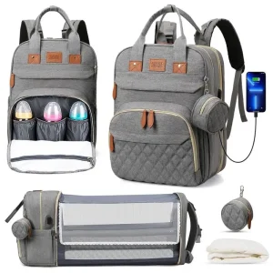 3 In 1 Diaper Bag Backpack Foldable Baby Bed With USB Charge